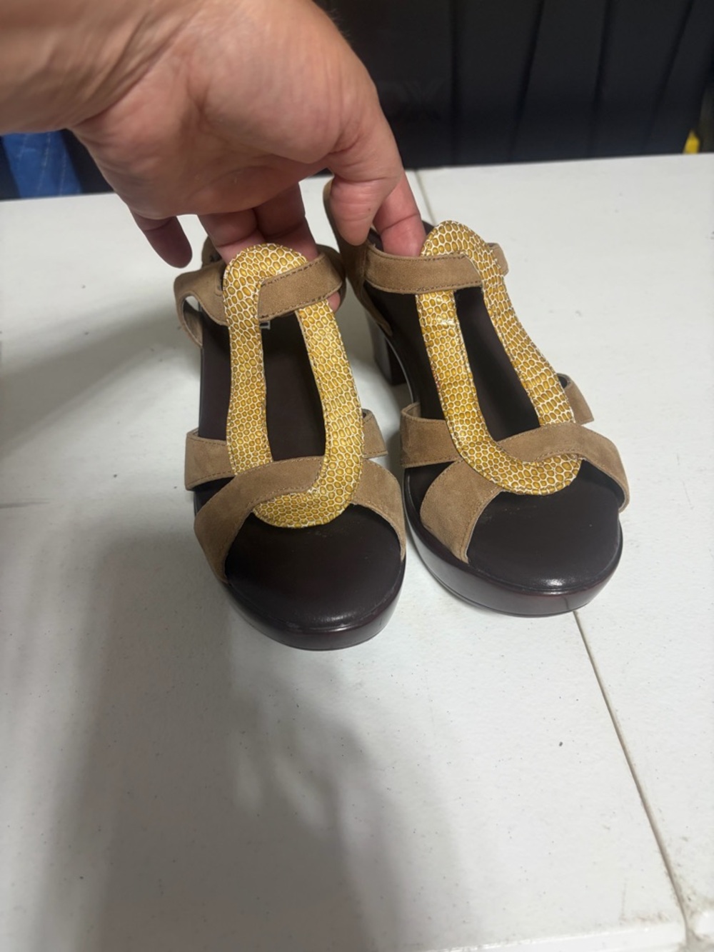 Women’s Tan Suede T-Strap Sandals with Yellow Accent